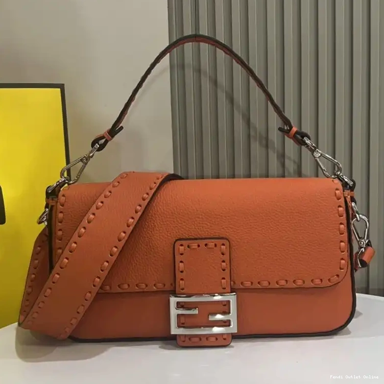 In Medium Selleria Bag Fendi Romano Baguette Leather Cuoio Orange 0701